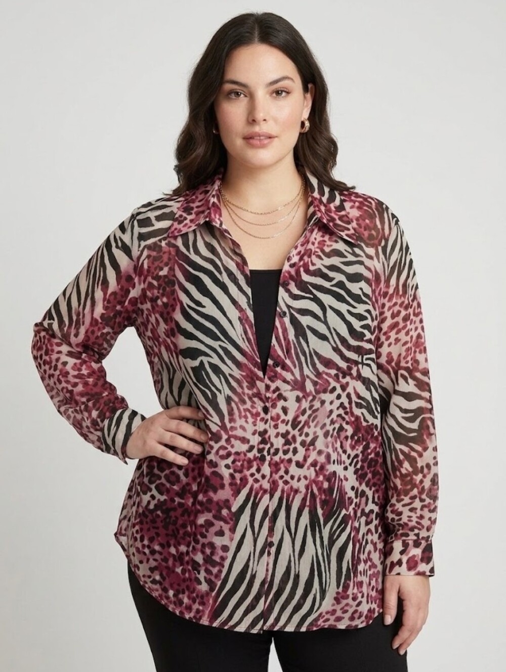 I.N. Studio Leopard Zebra Print Semi-Sheer Wrap Top